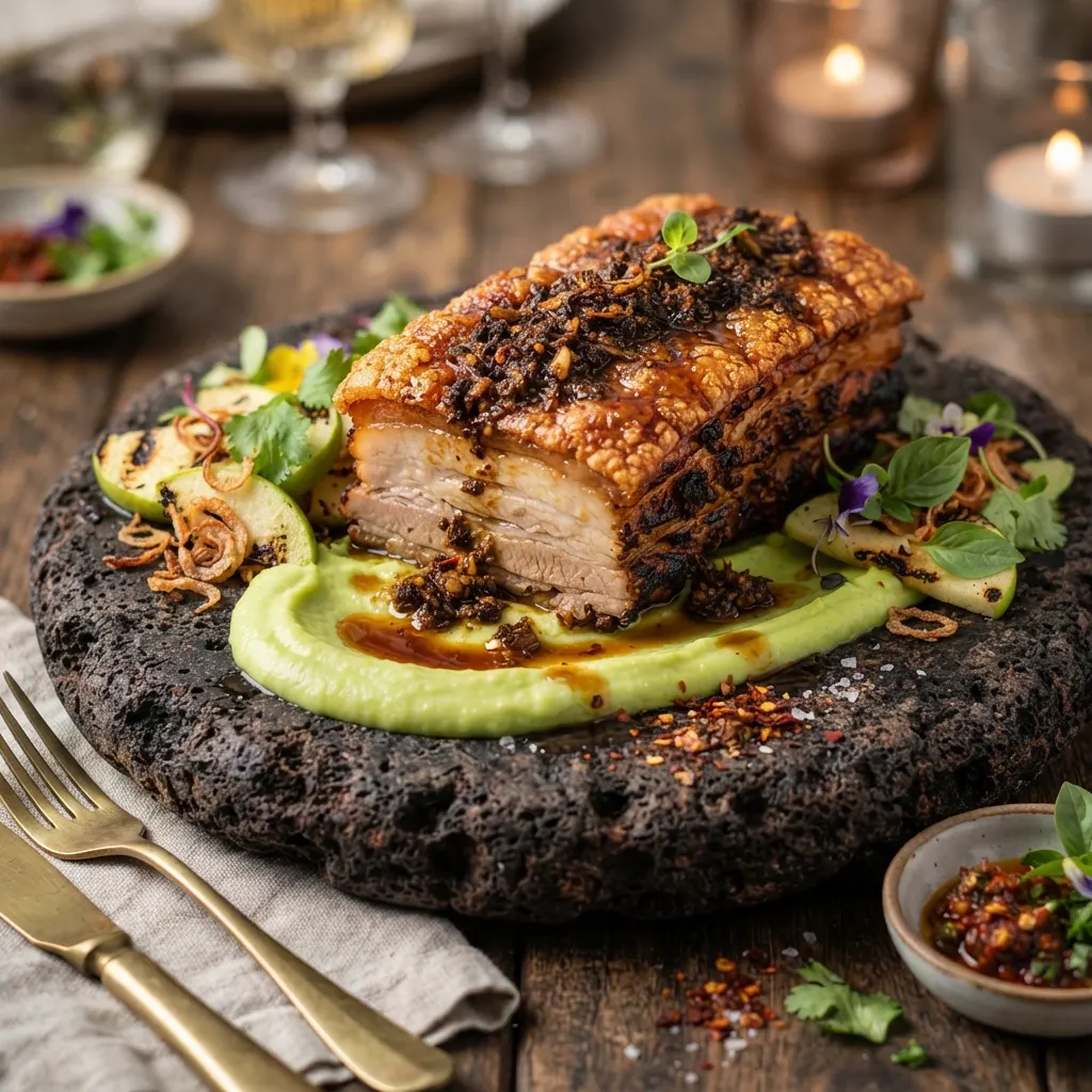 Pork belly bumbu Bali dengan puree apel hijau
