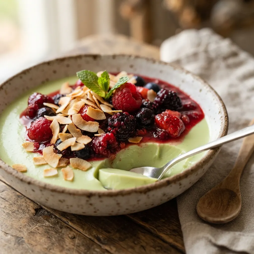 Panna cotta pandan dengan kompot berry