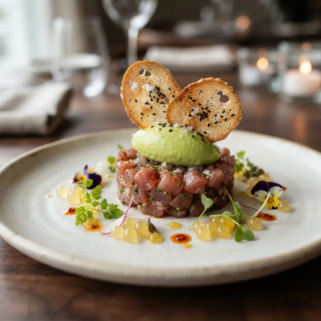 Tuna tartare dengan mousse alpukat dan yuzu