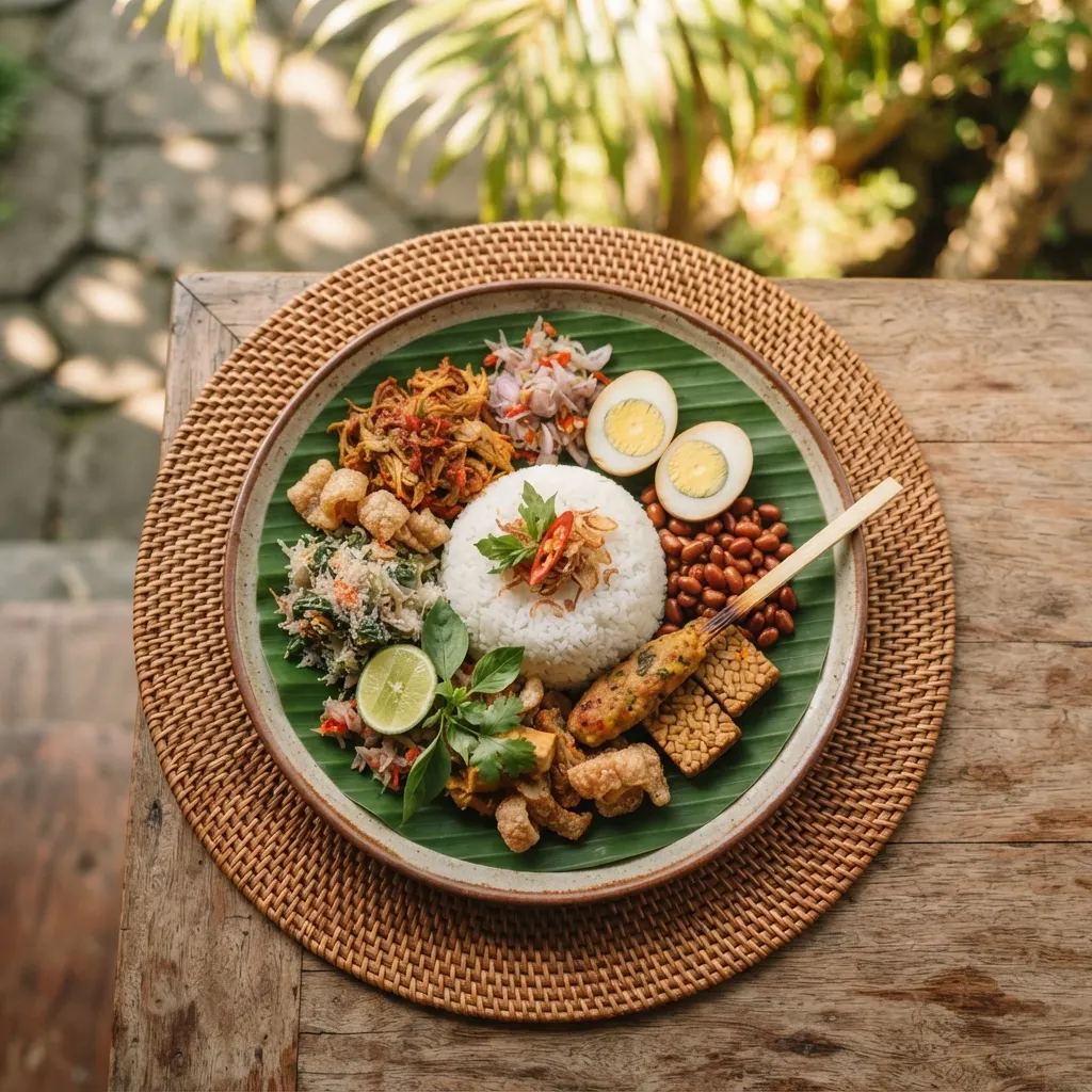 Nasi campur Bali di atas anyaman tangan