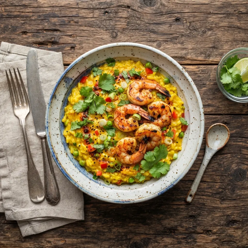 Risotto kari kuning dengan udang bakar